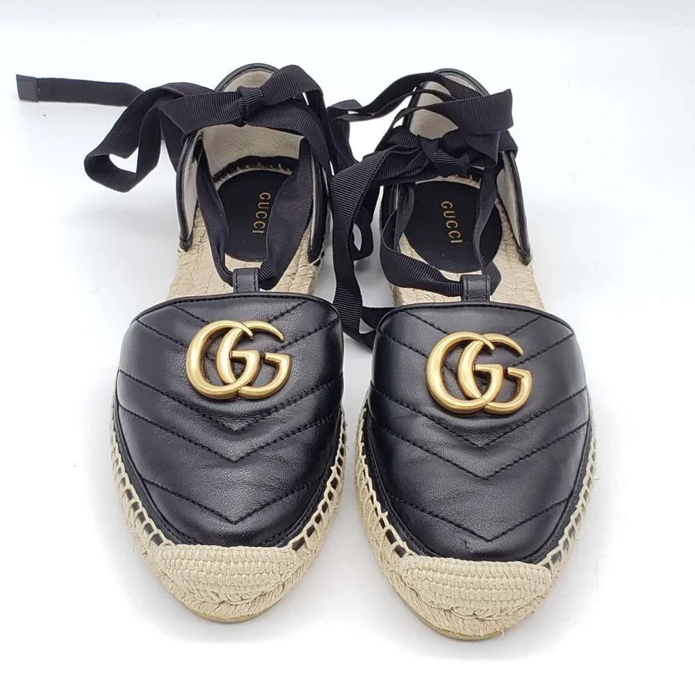 Authentic Gucci GG Marmont Espadrille Sandals Black Leather Gold Logo Brand New - Picture 3 of 13